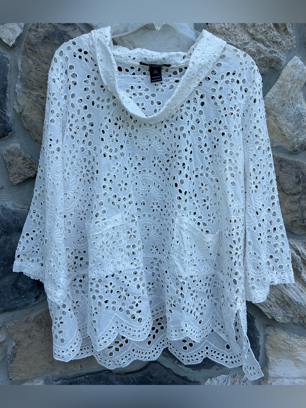 Ali Miles Blouse Top Size 1X White Cotton Eyelet Embroidered Beach Feminine Boho